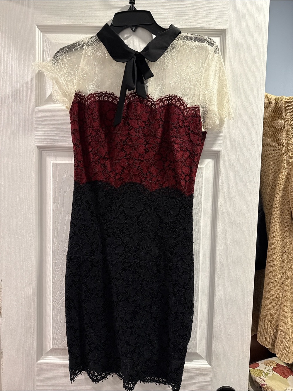 Sandro Lace Midi Dress in Burgundy, Black & Cream with Ribbon Collar
